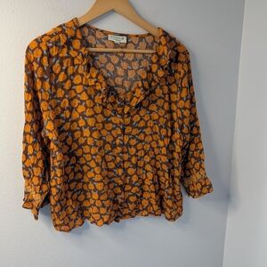 Studio B by Bobeau Textured Floral Button Front Blouse |‎ Brown Orange | XL